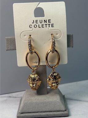 🚨3 for $15🚨 Gold Tone Lion Head Drop Earrings with Rhinestone Hoop Detail
